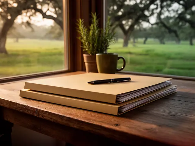 A neat stack of closed manila folders and a pen on a desk by a window.