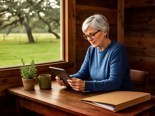 A woman with short silver hair and tortoiseshell glasses reviewing a tablet at a desk in a small back office.