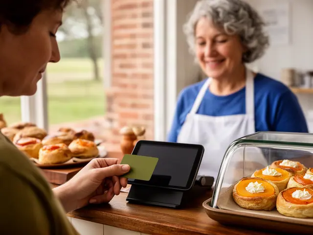 A customer taps a card on a counter terminal at a small kolache bakery.